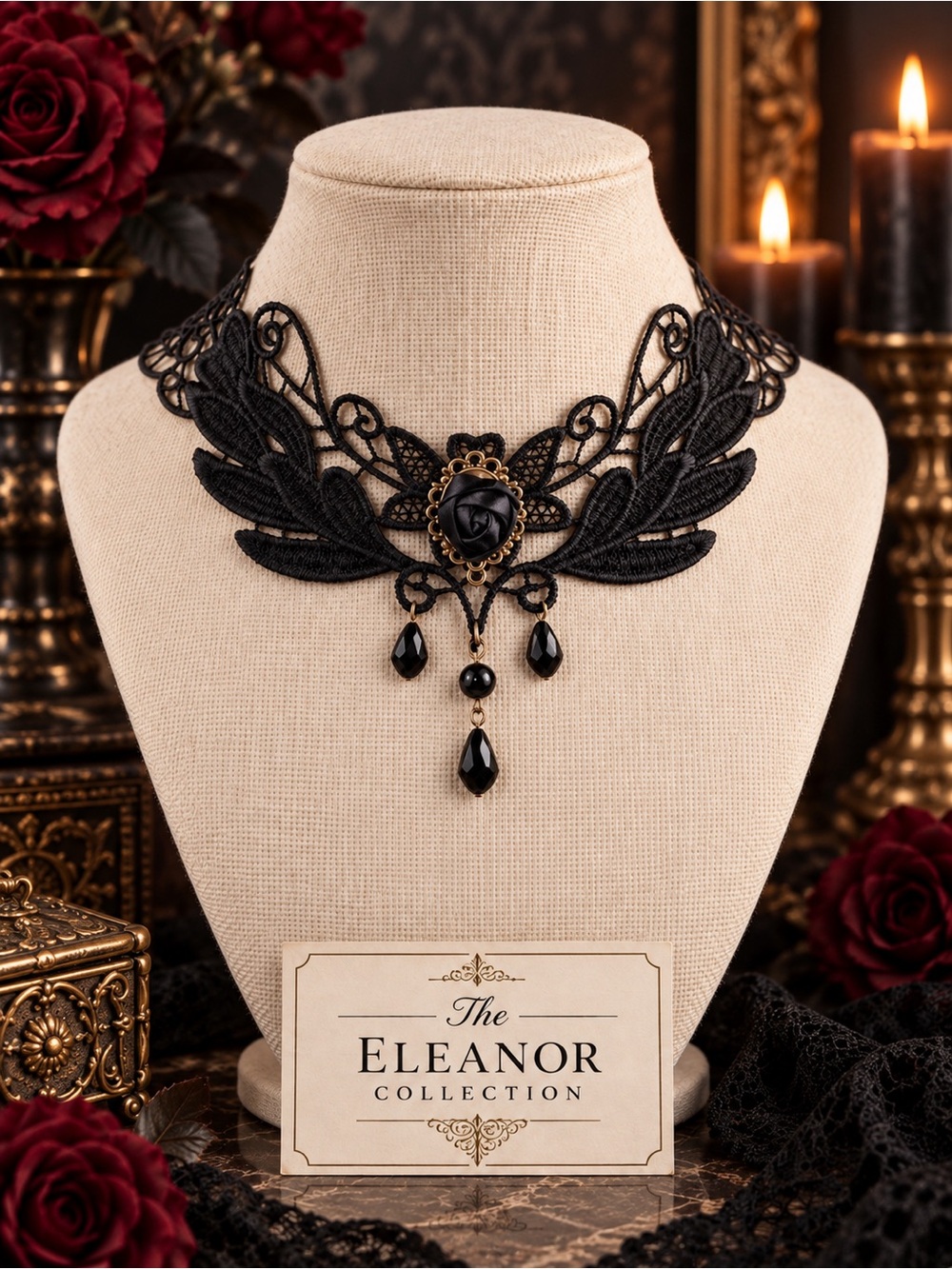 The Eleanor Collection Black Gothic Lace Rose Choker Necklace